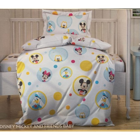 Lenjerie de pătuț Disney Mickey și prietenii, design cu cercuri colorate și personaje Disney, 4 piese, bumbac