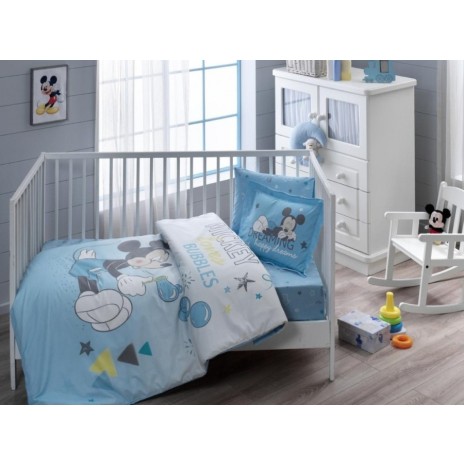 Lenjerie de pătuț Disney Mickey Mouse, design în nuanțe de albastru cu bule și stele, 4 piese, bumbac