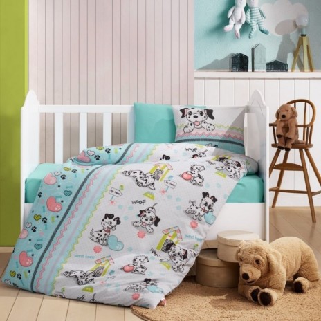 Set lenjerie pătuț flanel Cotton Box cu cățeluși dalmațieni și inimioare pe fond gri, cearșaf turcoaz uni