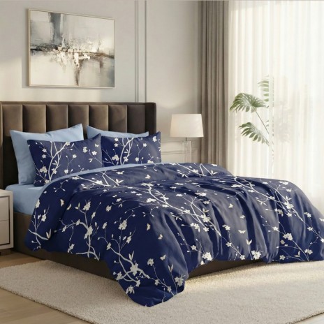 Lenjerie pat dublu albastra cu flori 6 piese ralex pucioasa bumbac poliester model floral elegant