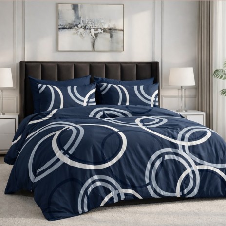 Lenjerie pat dublu cercuri albastru 6 piese ralex pucioasa bumbac poliester model geometric modern