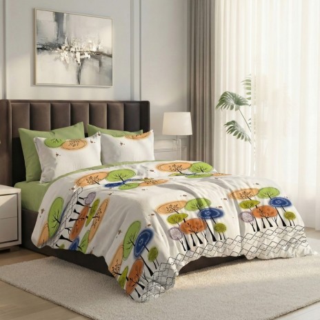 Lenjerie pat dublu copaci stilizati ralex pucioasa 6 piese design modern copaci colorati