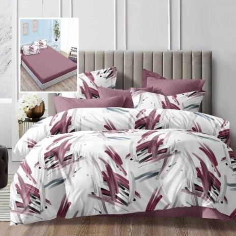 lenjerie pat dublu 6 piese cu elastic abstract mov cu imprimeu in linii mov si gri