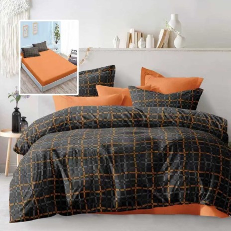 Lenjerie de pat dublu 6 piese cu elastic in carouri gri portocaliu si cearsaf portocaliu