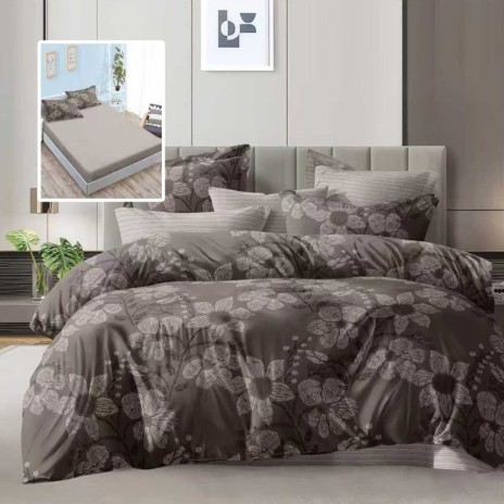 lenjerie de pat dublu 6 piese cu elastic floral gri