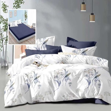Lenjerie de pat dublu 6 piese cu elastic cu imprimeu flori alb albastru si cearsaf albastru inchis