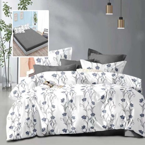 Lenjerie de pat dublu 6 piese cu elastic cu imprimeu flori alb gri si cearsaf gri inchis