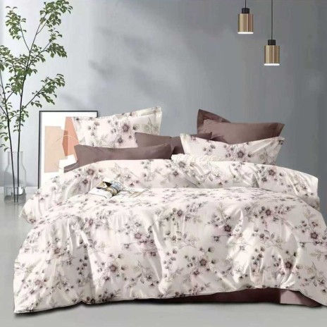 Lenjerie de pat dublu 6 piese cu elastic flori bej maro