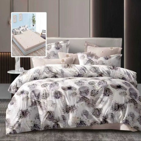 Lenjerie de pat dublu 6 piese cu elastic cu imprimeu flori gri bej si cearsaf bej pudrat