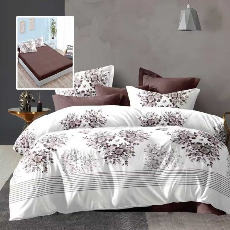 Lenjerie de pat dublu 6 piese cu elastic cu imprimeu flori mov gri si cearsaf maro inchis