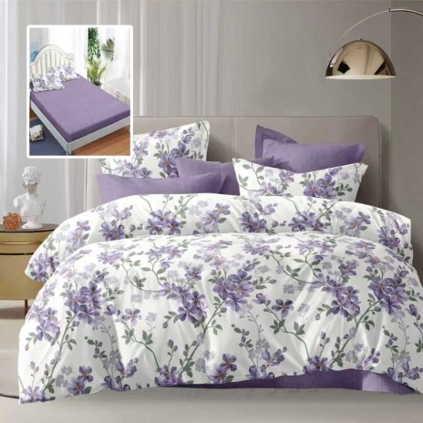 Lenjerie de pat dublu 6 piese cu elastic cu imprimeu flori mov lila si cearsaf mov lila