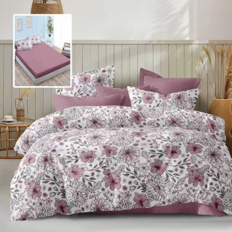 Lenjerie de pat dublu 6 piese cu elastic flori mov si cearceaf mov