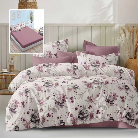 Lenjerie de pat dublu 6 piese cu elastic cu imprimeu flori mov pruna si cearsaf mov pruna