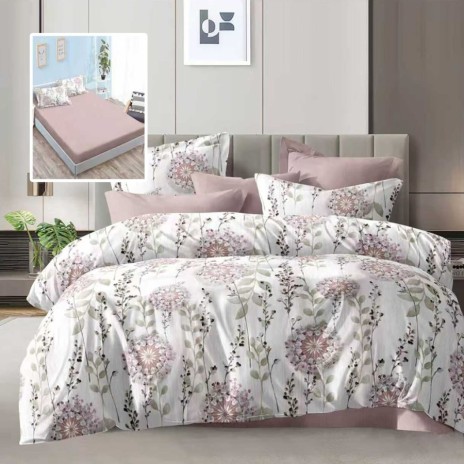 lenjerie de pat dublu 6 piese cu elastic flori roz mov si cearceaf roz pudra