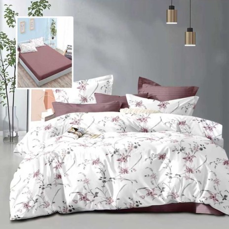 Lenjerie pat dublu 6 piese cu elastic flori roz mov si cearceaf maro rosiatic