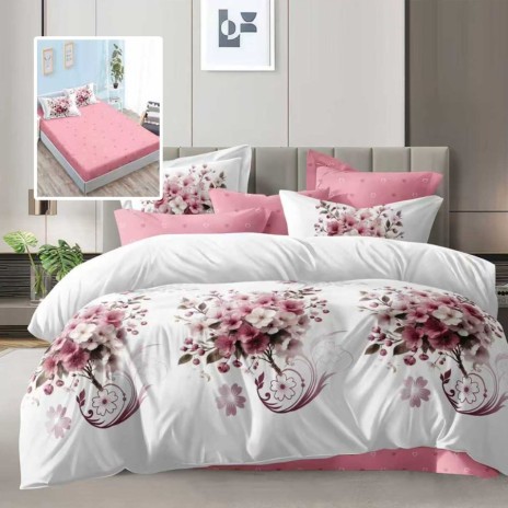 lenjerie de pat dublu 6 piese cu elastic flori roz cu cearceaf asortat si fete de perna cu imprimeu floral