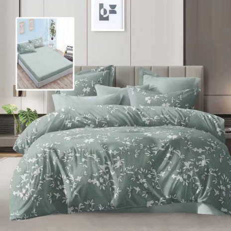 Lenjerie de pat dublu 6 piese cu elastic cu imprimeu flori verde mentol si cearsaf verde mentol