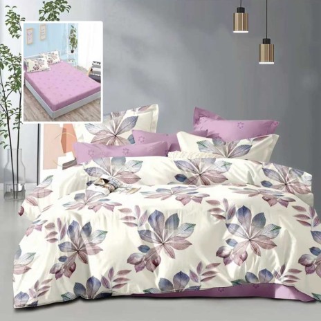 Lenjerie de pat dublu 6 piese cu elastic cu imprimeu frunze lila pastel si cearsaf lila