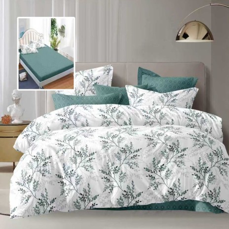 Lenjerie de pat dublu 6 piese cu elastic, imprimeu frunze verde si cearceaf verde uni