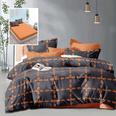 lenjerie pat dublu gri cu model geometric portocaliu si cearsaf cu elastic portocaliu