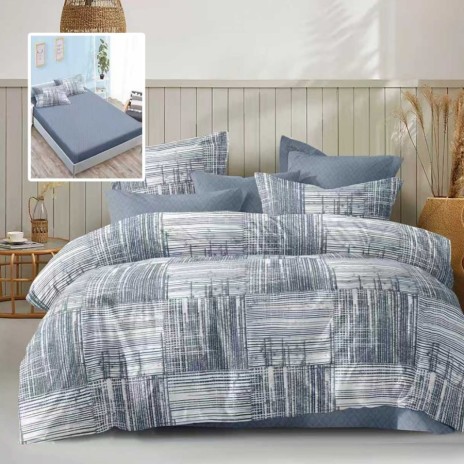 lenjerie pat dublu 6 piese cu elastic gri cu imprimeu linii si patrate