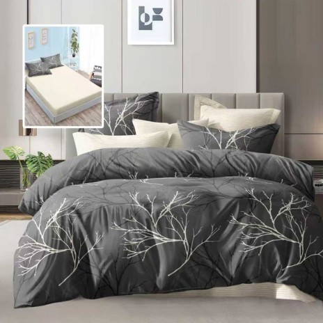 lenjerie de pat dublu gri cu ramuri albe si cearceaf cu elastic
