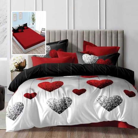 lenjerie de pat dublu 6 piese cu elastic inimii rosu alb cu cearceaf rosu și fete de perna asortate