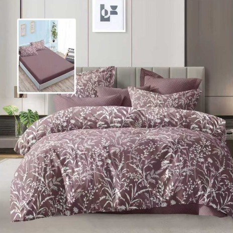 lenjerie de pat dublu 6 piese cu elastic mov floral cu imprimeu alb-mov