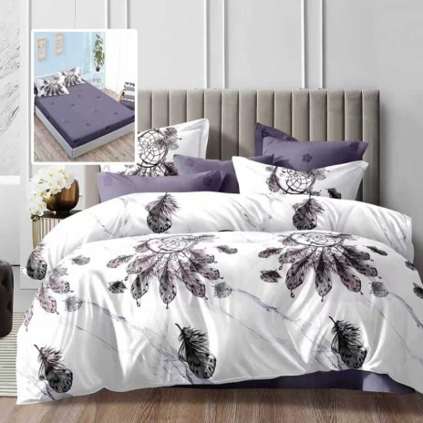 Lenjerie de pat dublu 6 piese cu elastic cu imprimeu pene gri mov si cearsaf mov inchis