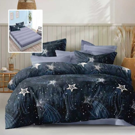 Lenjerie de pat dublu 6 piese cu elastic, imprimeu stele albastre si cearsaf gri