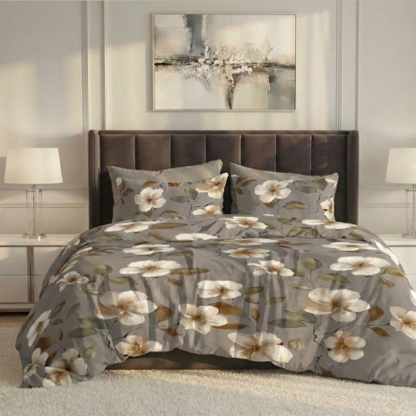 Lenjerie pat dublu flori 6 piese ralex pucioasa bumbac poliester model floral elegant pe fundal gri