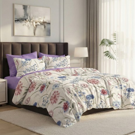 Lenjerie pat dublu flori de camp ralex pucioasa 6 piese design floral pastel roz albastru