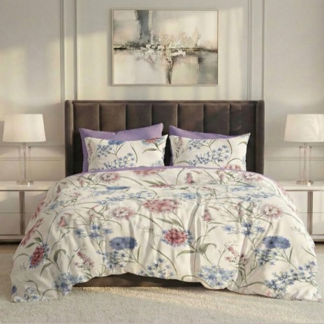Lenjerie pat dublu flori de camp ralex pucioasa 6 piese design floral pastel roz albastru