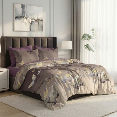 Lenjerie pat dublu fluturi 6 piese ralex pucioasa bumbac poliester model elegant cu fluturi pe fundal bej maroniu