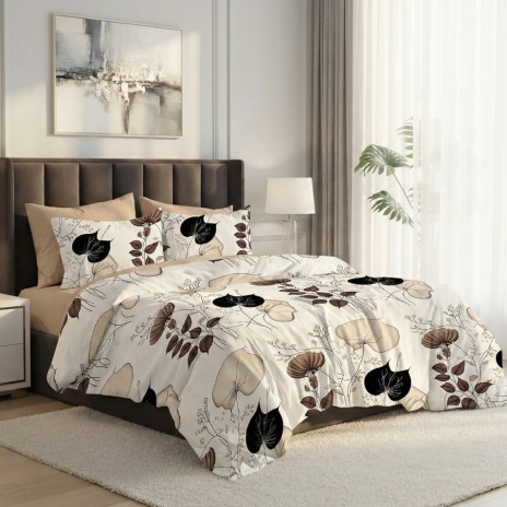 Lenjerie pat dublu frunze bej ralex pucioasa 6 piese design elegant