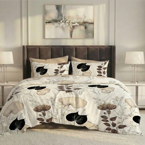 Lenjerie pat dublu frunze bej ralex pucioasa 6 piese design elegant