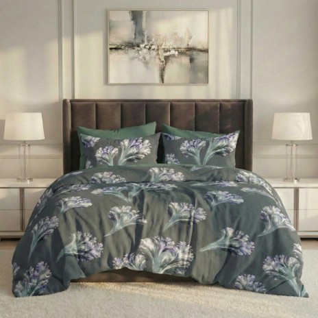 Lenjerie pat dublu gri cu flori ralex pucioasa 6 piese design floral elegant gri verde