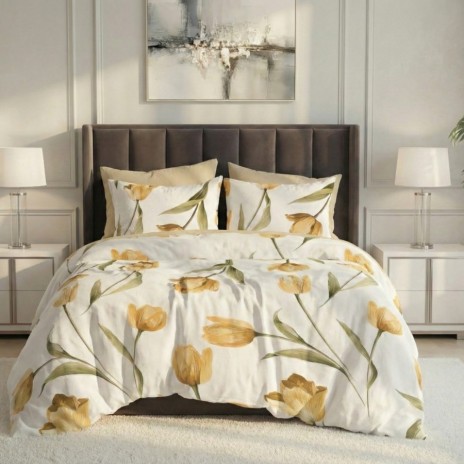 Lenjerie pat dublu lalele galbene 6 piese ralex pucioasa bumbac poliester model floral elegant