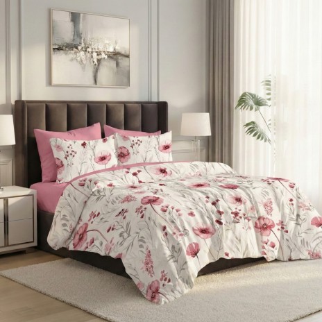 Lenjerie pat dublu maci roz ralex pucioasa 6 piese design floral elegant