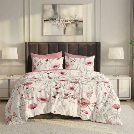 Lenjerie pat dublu maci roz ralex pucioasa 6 piese design floral elegant