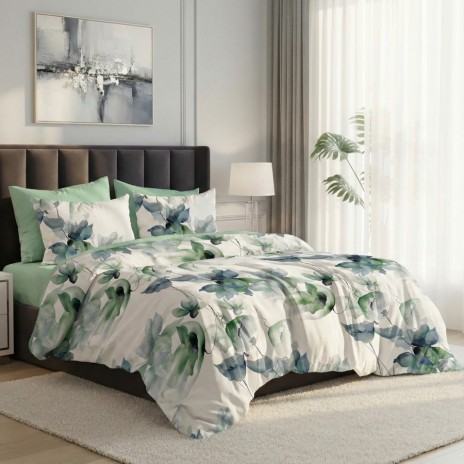 Lenjerie pat dublu flori verzi ralex pucioasa 6 piese design floral verde albastru