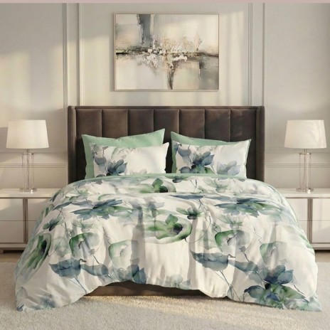 Lenjerie pat dublu flori verzi ralex pucioasa 6 piese design floral verde albastru