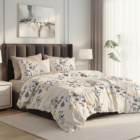 Lenjerie pat dublu floral 6 piese ralex pucioasa bumbac poliester model flori elegante gri si crem