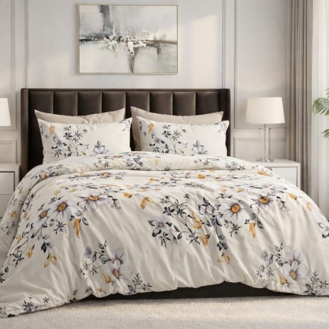 Lenjerie pat dublu floral 6 piese ralex pucioasa bumbac poliester model flori elegante gri si crem