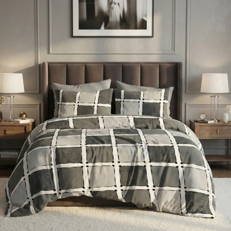 Lenjerie pat dublu patrate gri 6 piese bumbac poliester model geometric modern