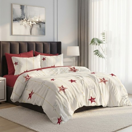 Lenjerie pat dublu stelute ralex pucioasa 6 piese design elegant stelute bordo