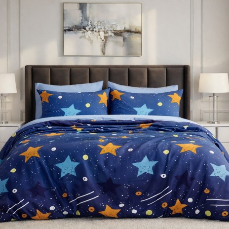 Lenjerie pat dublu stelute colorate albastru 6 piese bumbac poliester model cer instelat