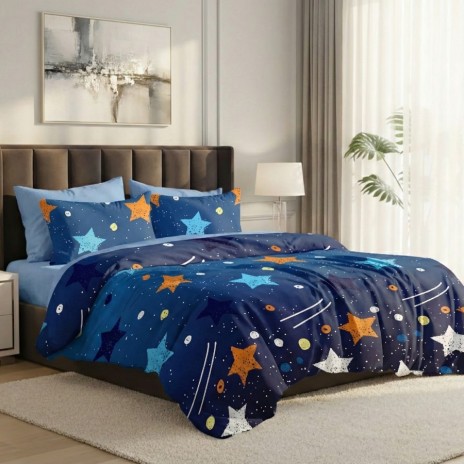 Lenjerie pat dublu stelute colorate albastru 6 piese bumbac poliester model cer instelat