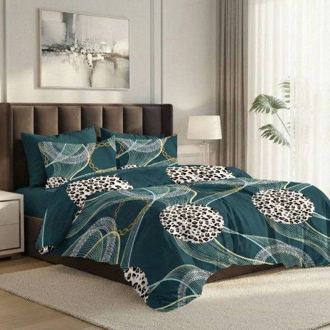 Lenjerie pat dublu abstract verde petrol 6 piese ralex pucioasa bumbac poliester model modern
