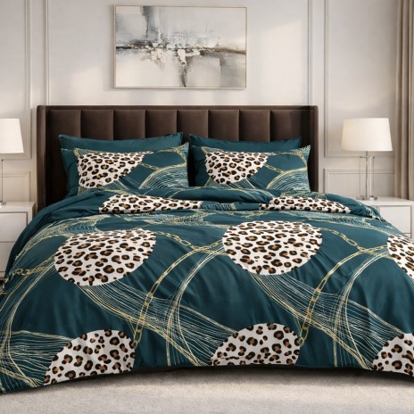 Lenjerie pat dublu abstract verde petrol 6 piese ralex pucioasa bumbac poliester model modern